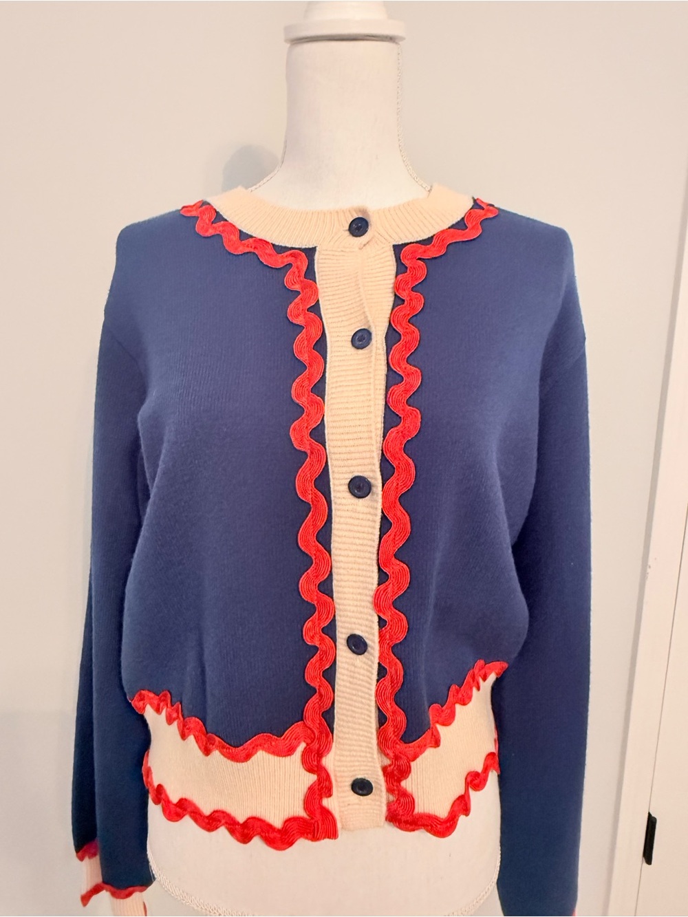 NWT - Preppy and Fun Navy and Cream Women’s Cardigan with Red Trim